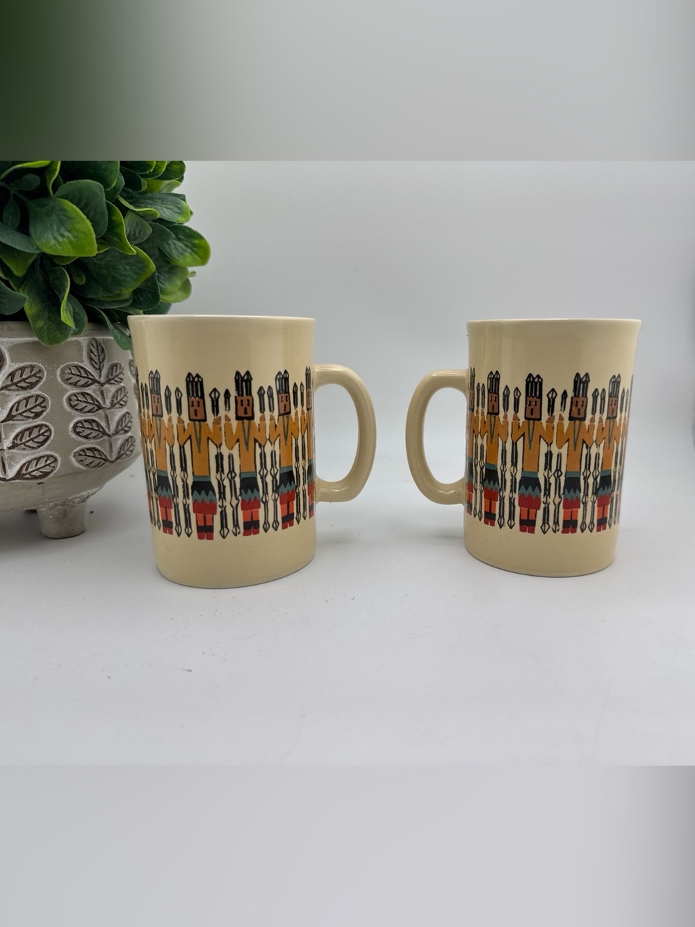 Vintage Ceramic Indian Dancers Native Kachina Design Coffee Mug Cup Set of 2